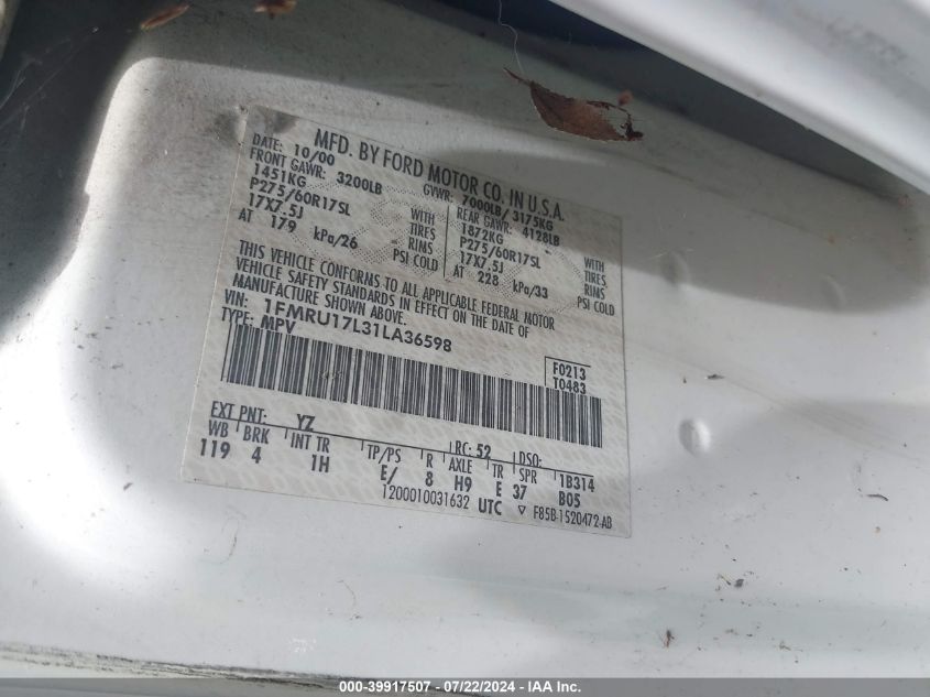 2001 Ford Expedition Eddie Bauer VIN: 1FMRU17L31LA36598 Lot: 39917507