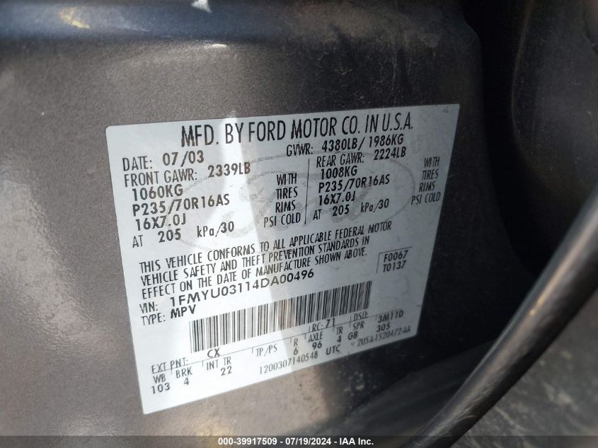 2004 Ford Escape Xlt VIN: 1FMYU03114DA00496 Lot: 39917509