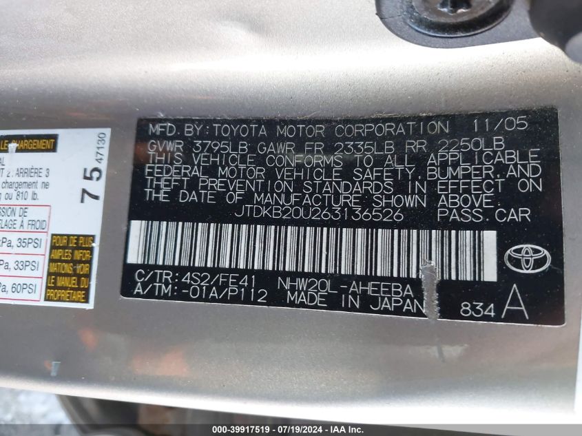 2006 Toyota Prius VIN: JTDKB20U263136526 Lot: 39917519