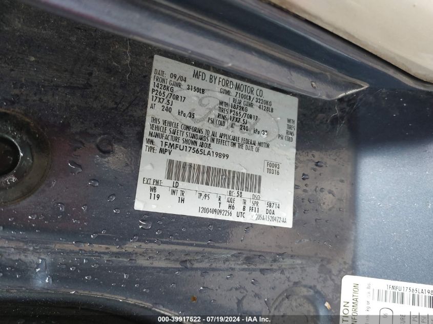 2005 Ford Expedition Eddie Bauer VIN: 1FMFU17565LA19899 Lot: 39917522