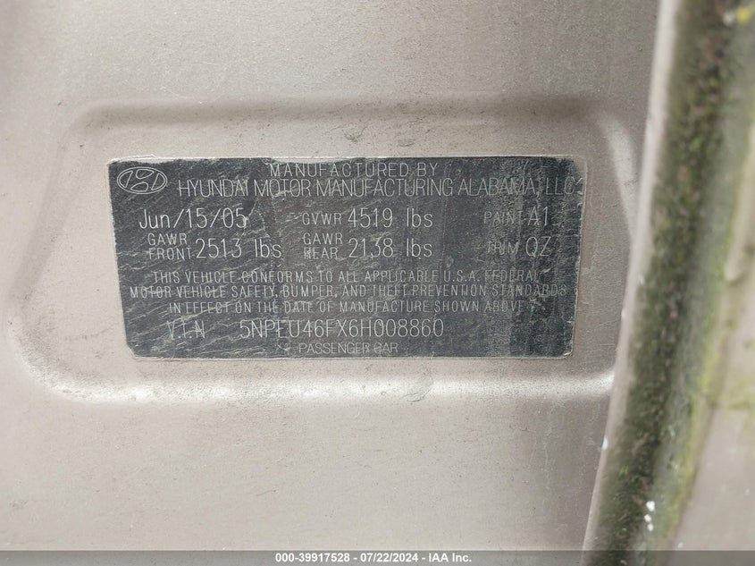 2006 Hyundai Sonata Gls V6/Lx V6 VIN: 5NPEU46FX6H008860 Lot: 39917528