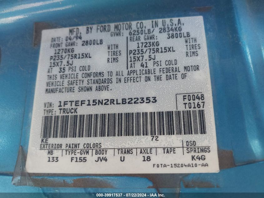 1994 Ford F150 VIN: 1FTEF15N2RLB22353 Lot: 39917537
