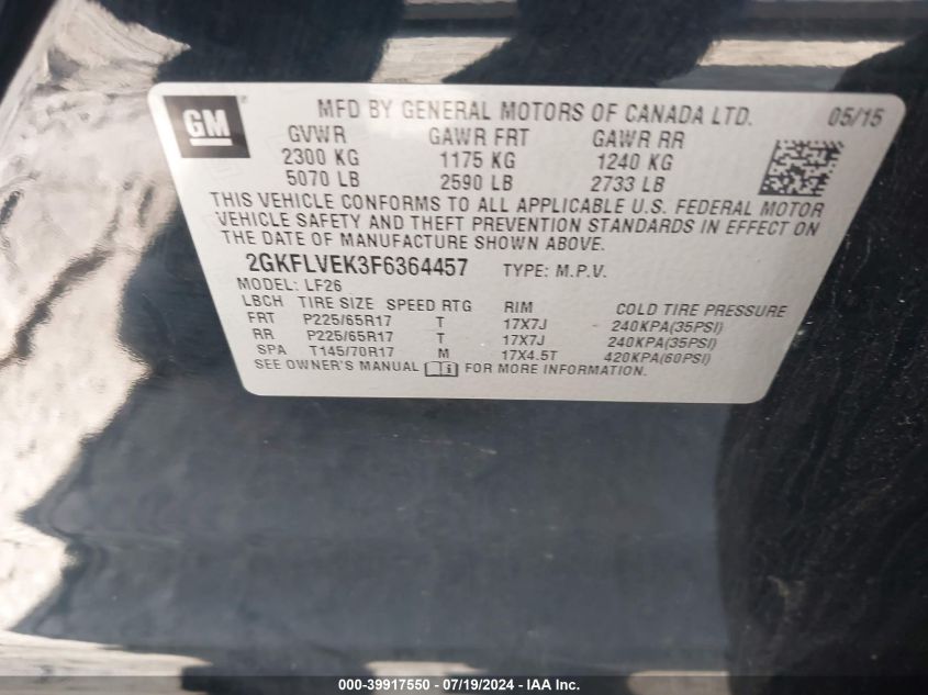 2015 GMC Terrain Sle-1 VIN: 2GKFLVEK3F6364457 Lot: 39917550