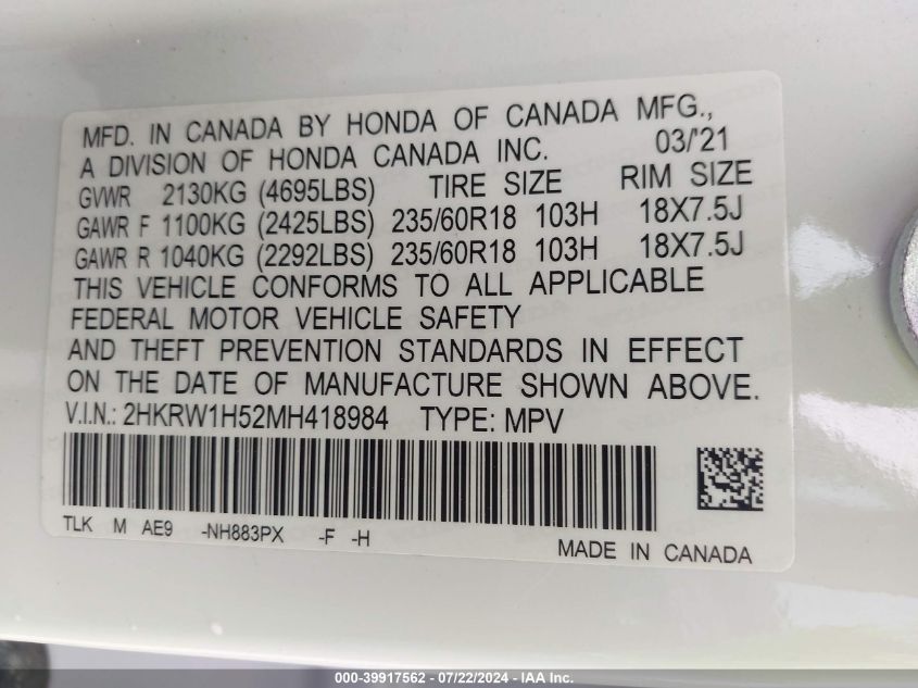 VIN 2HKRW1H52MH418984 2021 Honda CR-V, 2Wd Ex no.9