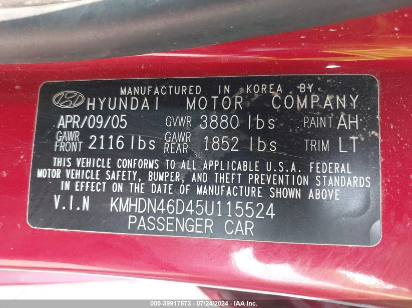 2005 Hyundai Elantra Gls/Gt VIN: KMHDN46D45U115524 Lot: 39917573