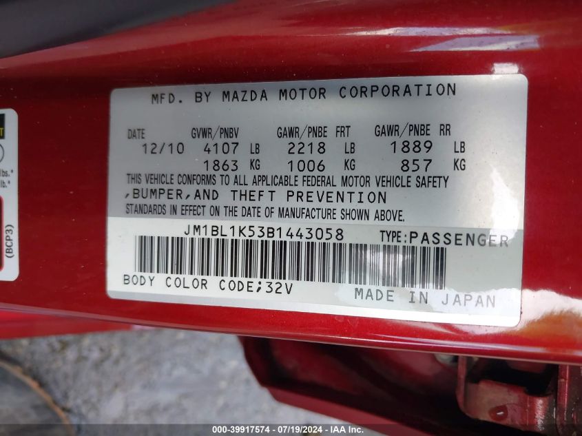 2011 Mazda Mazda3 S Sport VIN: JM1BL1K53B1443058 Lot: 39917574