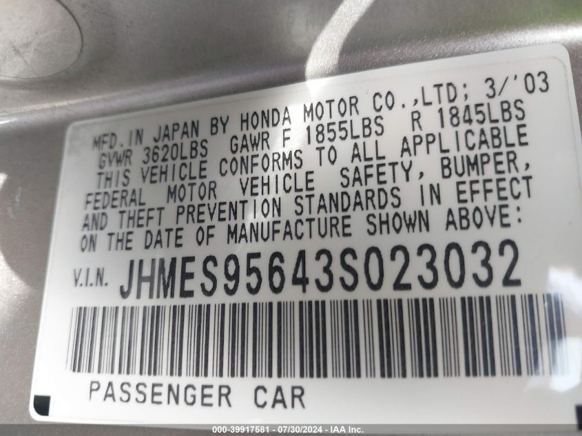 2003 Honda Civic Hybrid VIN: JHMES95643S023032 Lot: 39917581