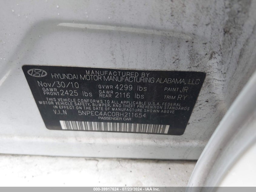 2011 Hyundai Sonata Se VIN: 5NPEC4AC0BH211654 Lot: 39917624