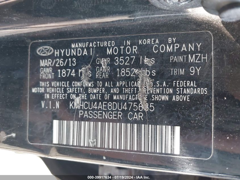 2013 Hyundai Accent Gls/Se VIN: KMHCU4AE8DU475635 Lot: 39917634