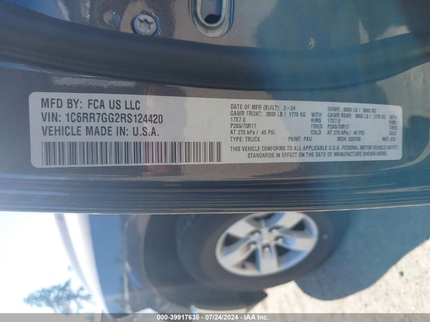 2024 Ram 1500 Classic Slt VIN: 1C6RR7GG2RS124420 Lot: 39917635