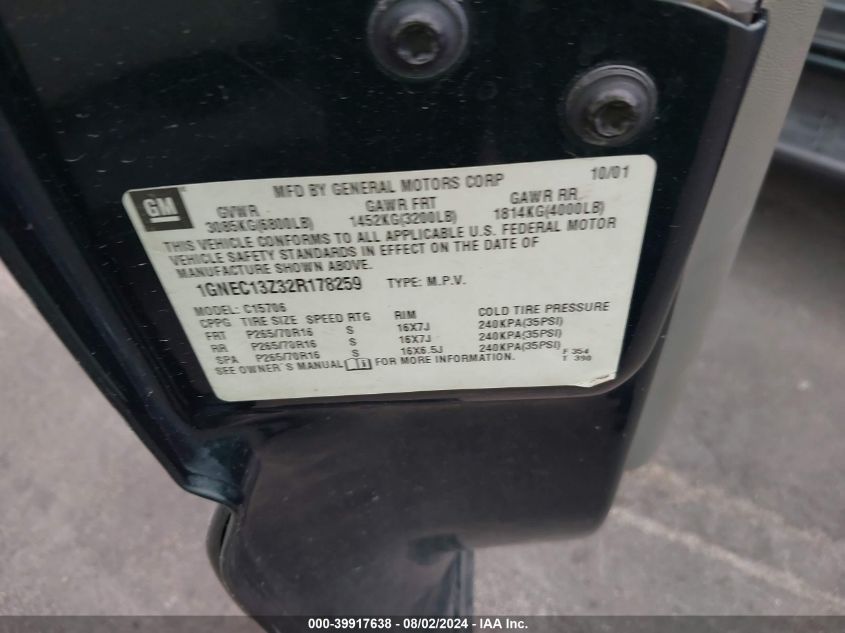 2002 Chevrolet Tahoe Lt VIN: 1GNEC13Z32R178259 Lot: 39917638