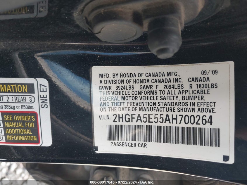 2010 Honda Civic Si VIN: 2HGFA5E55AH700264 Lot: 39917645