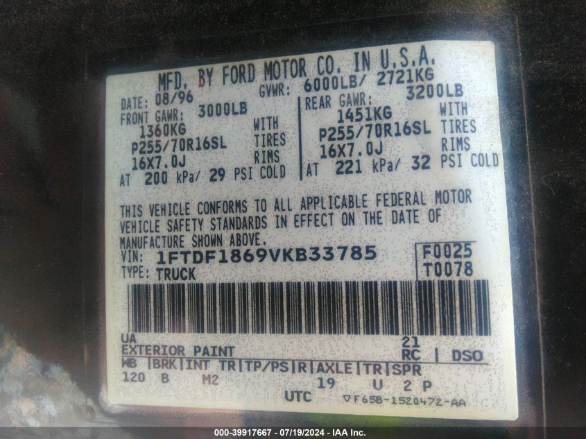 1997 Ford F-150 Lariat/Standard/Xl/Xlt VIN: 1FTDF1869VKB33785 Lot: 39917667