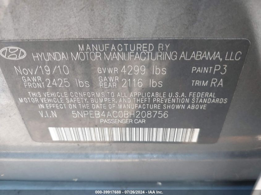 2011 Hyundai Sonata Gls VIN: 5NPEB4AC0BH208756 Lot: 39917688