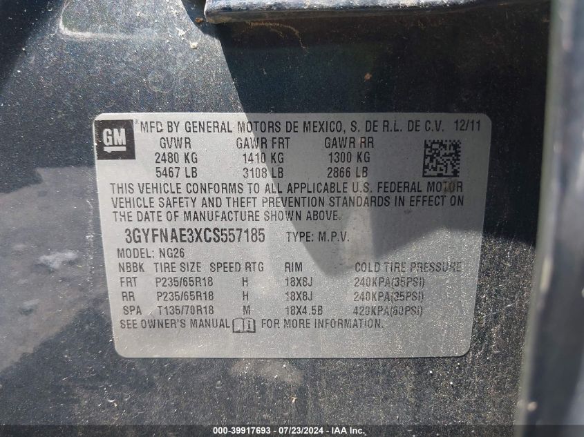 2012 Cadillac Srx Luxury Collection VIN: 3GYFNAE3XCS557185 Lot: 39917693