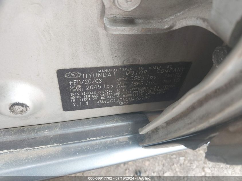 2003 Hyundai Santa Fe Gls/Lx VIN: KM8SC13D93U476194 Lot: 39917702