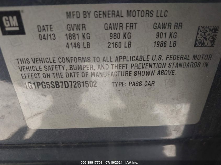 2013 Chevrolet Cruze Ltz VIN: 1G1PG5SB7D7281502 Lot: 39917703