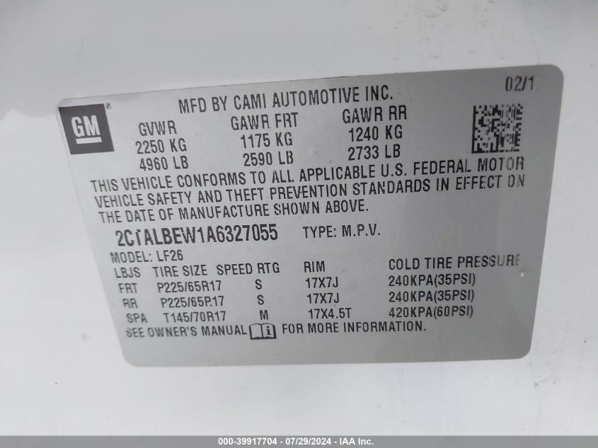 2010 GMC Terrain Sle-1 VIN: 2CTALBEW1A6327055 Lot: 39917704