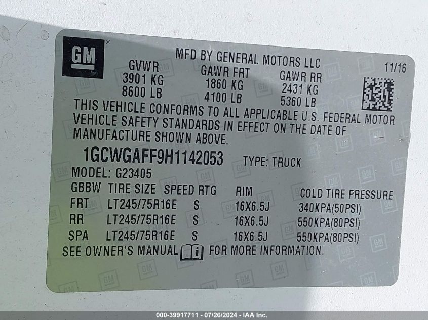 2017 Chevrolet Express 2500 Work Van VIN: 1GCWGAFF9H1142053 Lot: 39917711