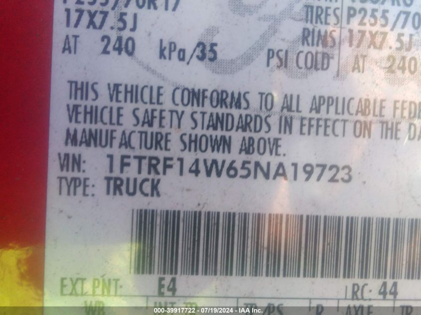 2005 Ford F-150 Stx/Xl/Xlt VIN: 1FTRF14W65NA19723 Lot: 39917722