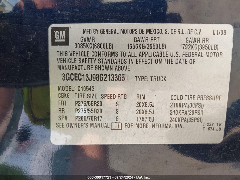 2008 Chevrolet Silverado 1500 Lt2 VIN: 3GCEC13J98G213365 Lot: 39917723