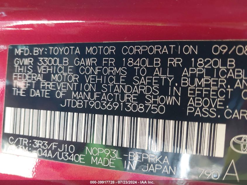 2009 Toyota Yaris VIN: JTDBT903691308750 Lot: 39917728