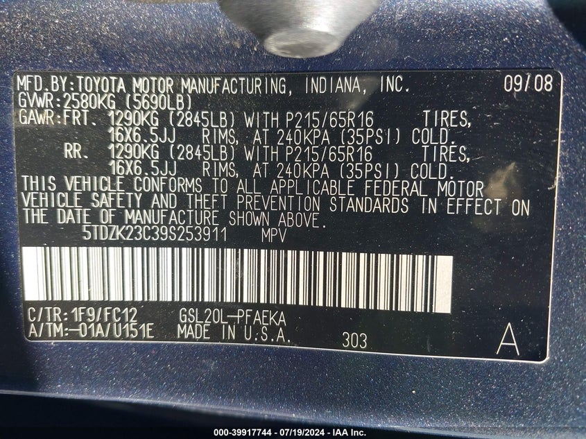 2009 Toyota Sienna Le VIN: 5TDZK23C39S253911 Lot: 39917744