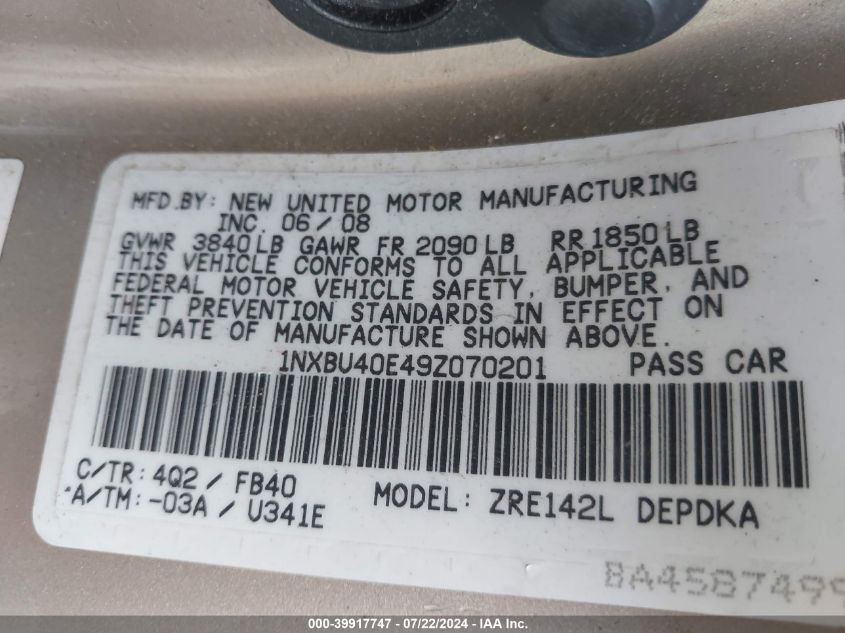 2009 Toyota Corolla Le VIN: 1NXBU40E49Z070201 Lot: 39917747