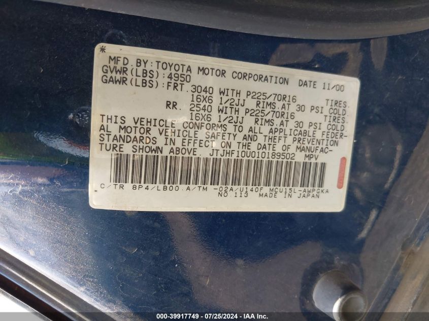 2001 Lexus Rx 300 VIN: JTJHF10U010189502 Lot: 39917749