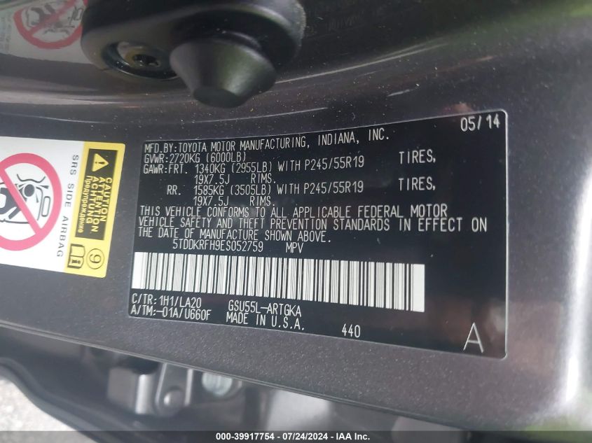 2014 Toyota Highlander Limited/Ltd Platnum VIN: 5TDDKRFH9ES052759 Lot: 39917754