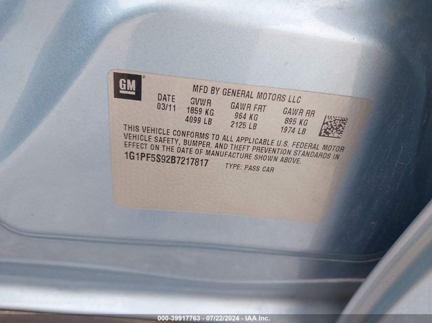 2011 Chevrolet Cruze 1Lt VIN: 1G1PF5S92B7217817 Lot: 39917763