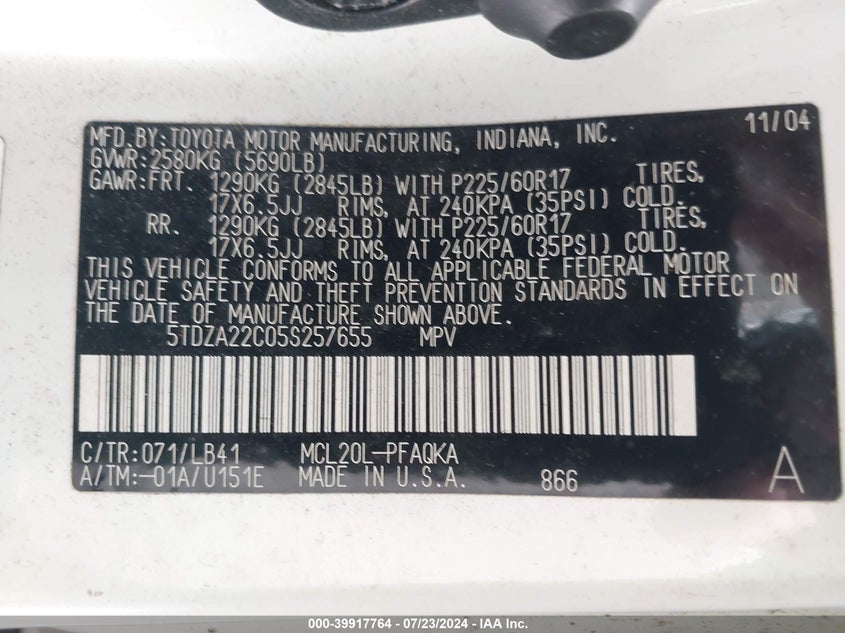 2005 Toyota Sienna Xle Limited VIN: 5TDZA22C05S257655 Lot: 39917764