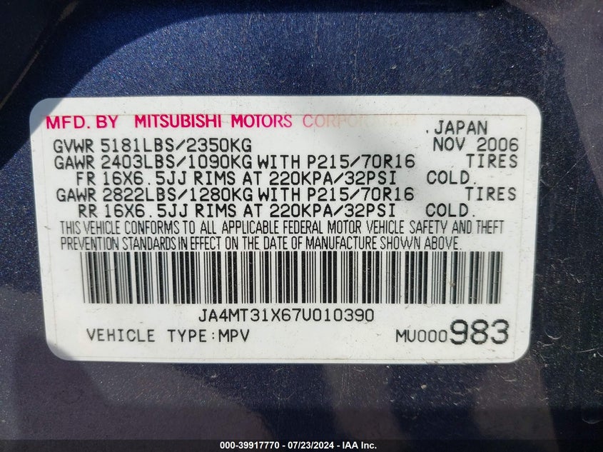 2007 Mitsubishi Outlander Ls VIN: JA4MT31X67U010390 Lot: 39917770
