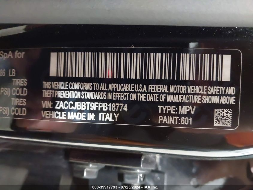 2015 Jeep Renegade Latitude VIN: ZACCJBBT9FPB18774 Lot: 39917793