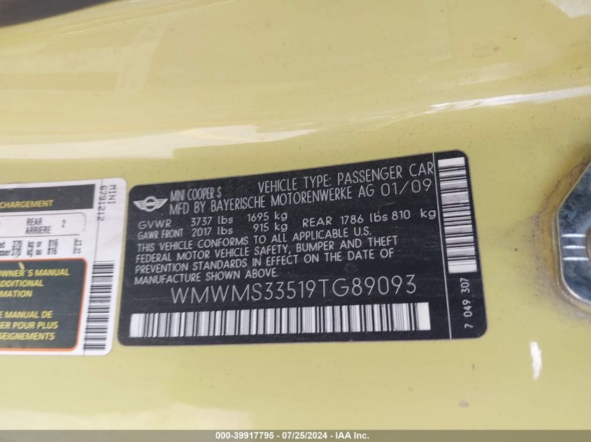 2009 Mini Cooper S S VIN: WMWMS33519TG89093 Lot: 39917795