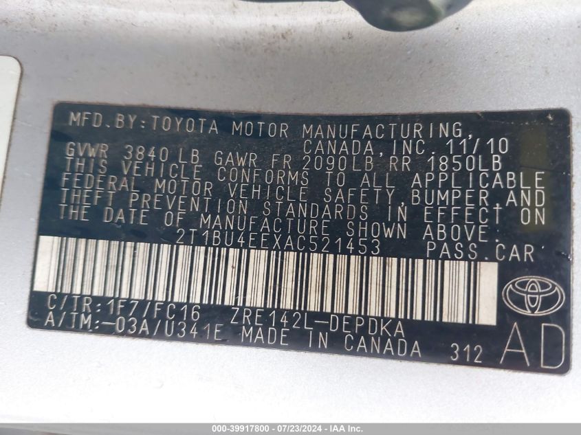 2010 Toyota Corolla S/Le/Xle VIN: 2T1BU4EEXAC521453 Lot: 39917800