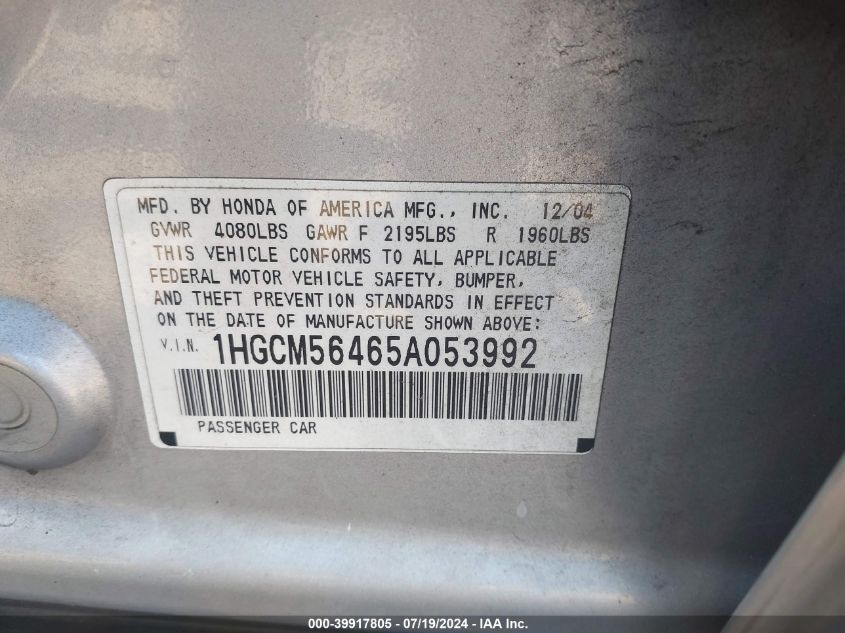 2005 Honda Accord Lx VIN: 1HGCM56465A053992 Lot: 39917805