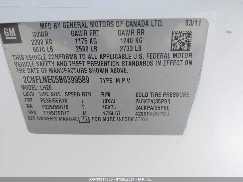 2011 Chevrolet Equinox 2Lt VIN: 2CNFLNEC5B6399589 Lot: 39917808