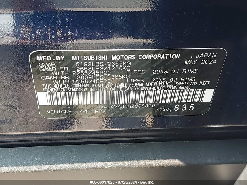 2024 Mitsubishi Outlander Se/Black Edition/Ralliart VIN: JA4J4VA83RZ068810 Lot: 39917823