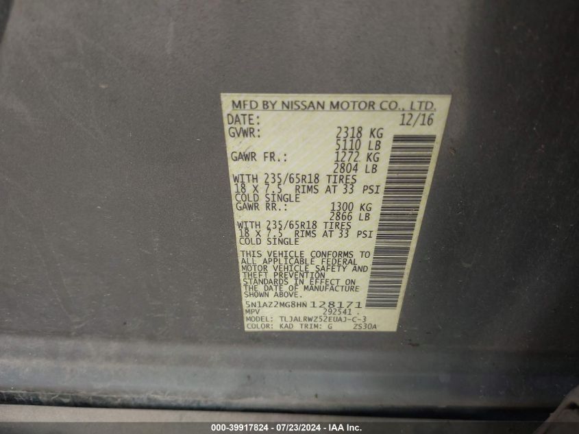 2017 Nissan Murano S/Sl/Sv/Platinum VIN: 5N1AZ2MG8HN128171 Lot: 39917824