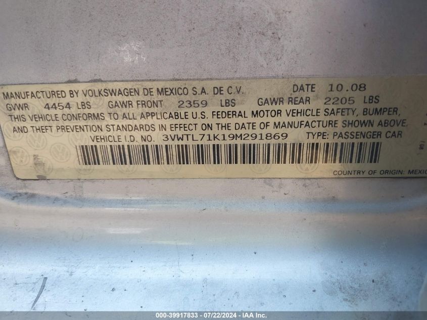 2009 Volkswagen Jetta 2.0L Tdi VIN: 3VWTL71K19M291869 Lot: 39917833