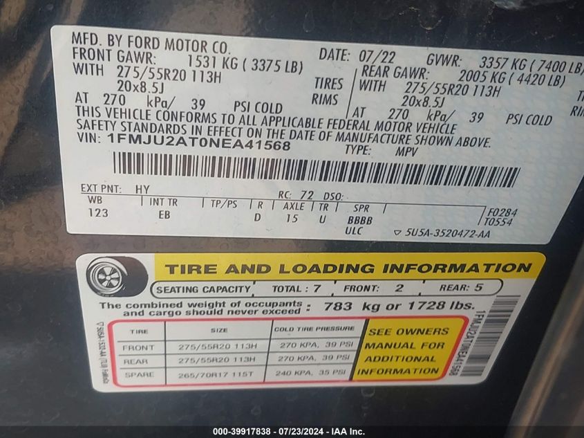 2022 Ford Expedition Limited VIN: 1FMJU2AT0NEA41568 Lot: 39917838