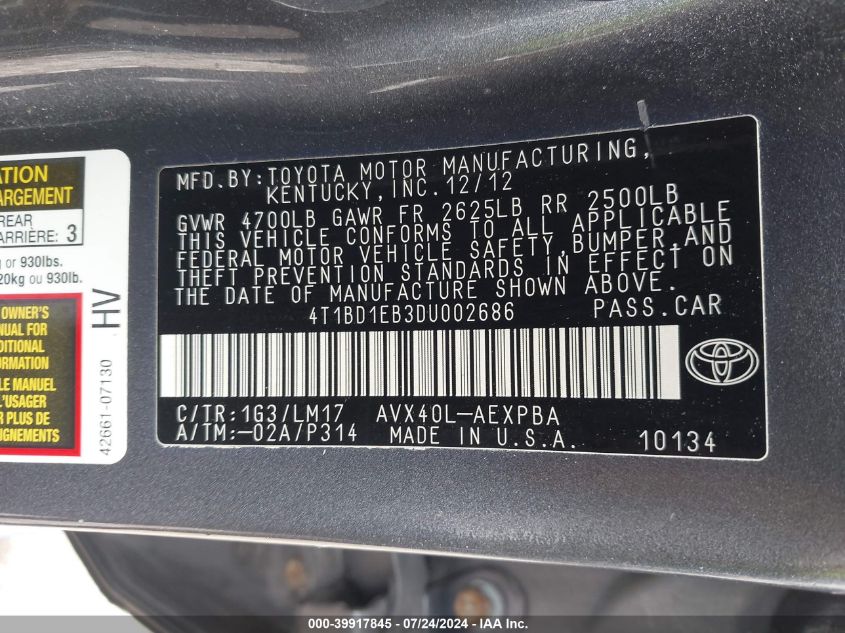 2013 Toyota Avalon Hybrid/Prem/Tour/Ltd VIN: 4T1BD1EB3DU002686 Lot: 39917845