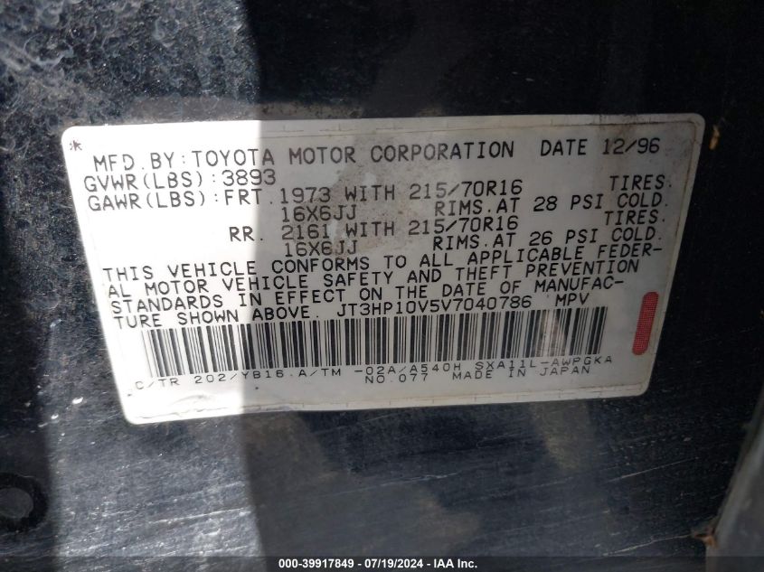 1997 Toyota Rav4 VIN: JT3HP10V5V7040786 Lot: 39917849