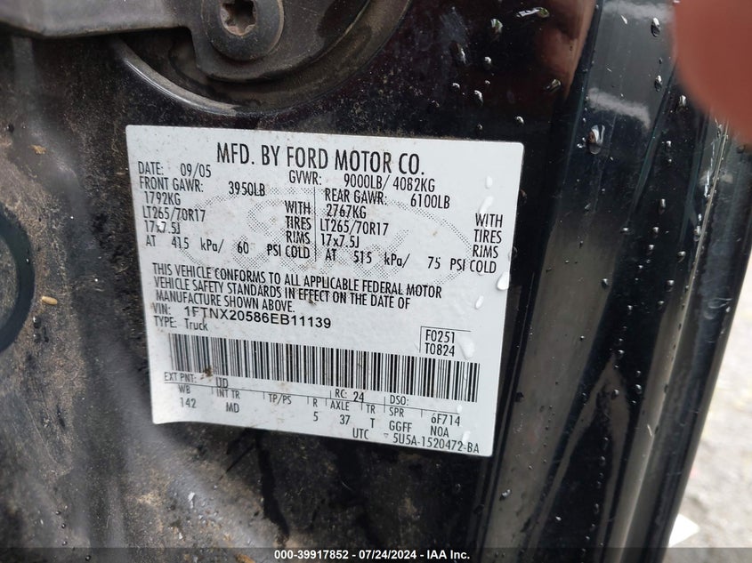 2006 Ford F-250 Lariat/Xl/Xlt VIN: 1FTNX20586EB11139 Lot: 39917852
