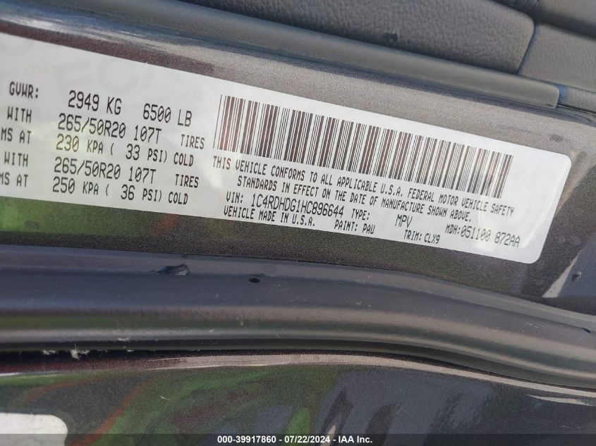2017 Dodge Durango Gt Rwd VIN: 1C4RDHDG1HC896644 Lot: 39917860