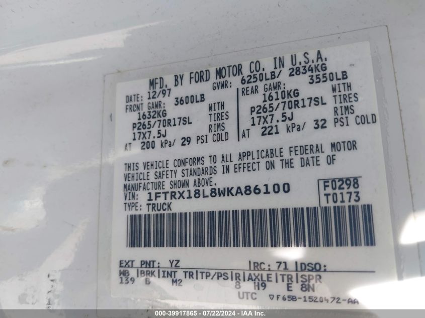 1998 Ford F-150 Lariat/Standard/Xl/Xlt VIN: 1FTRX18L8WKA86100 Lot: 39917865