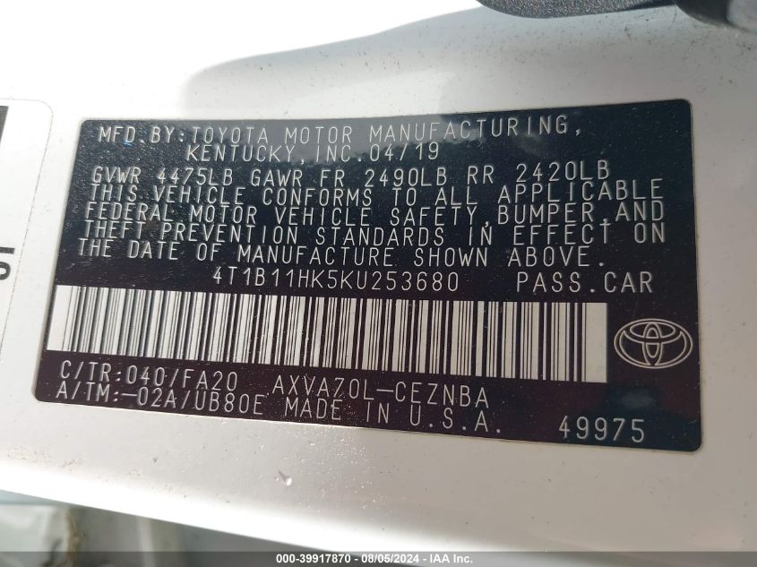 2019 TOYOTA CAMRY LE - 4T1B11HK5KU253680