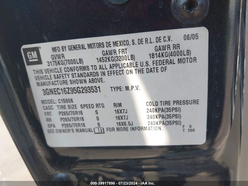 2005 Chevrolet Suburban 1500 Ls VIN: 3GNEC16Z95G293531 Lot: 39917898