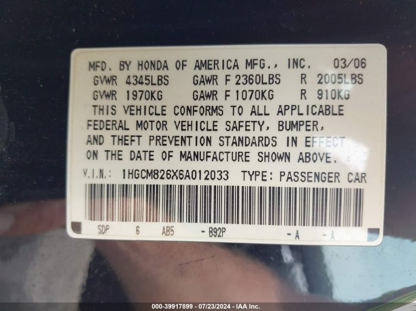 2006 Honda Accord Ex VIN: 1HGCM826X6A012033 Lot: 39917899